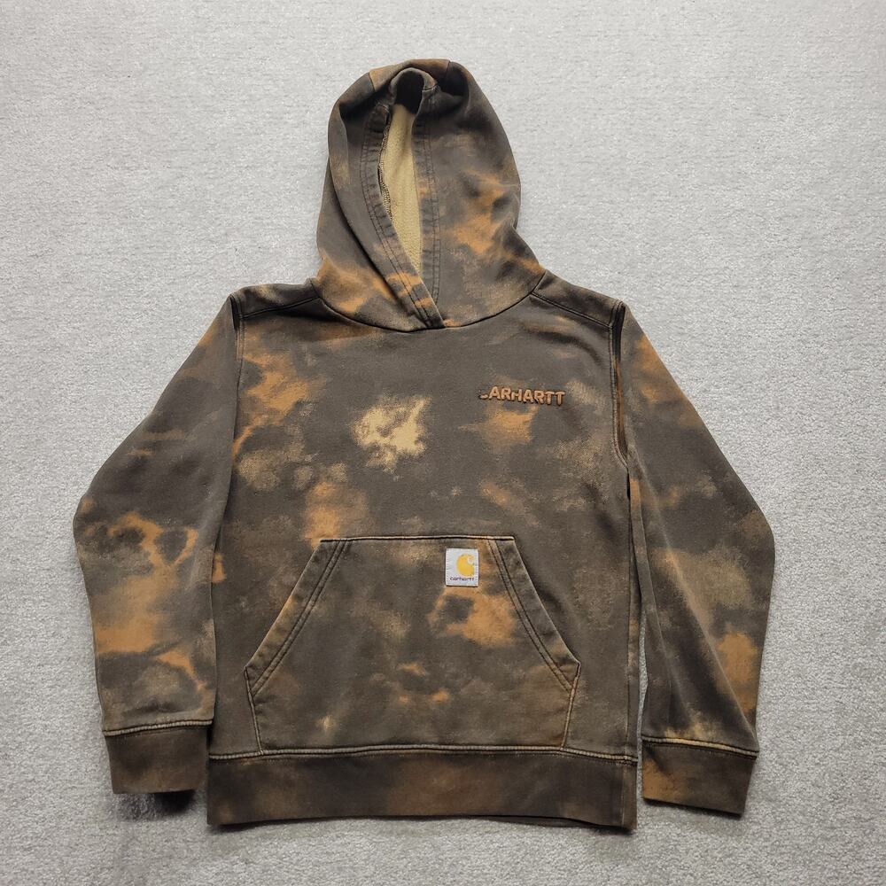 Carhartt Youth Hoodie Size S 8-10 Brown Bleach Tie Dye Fleece Pullover